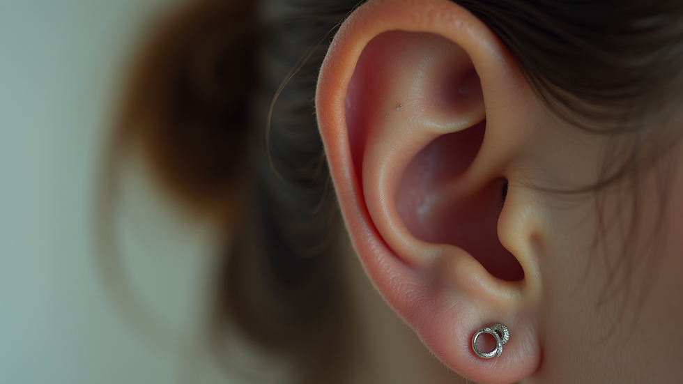 Close-up view of a helix piercing with a small silver hoop