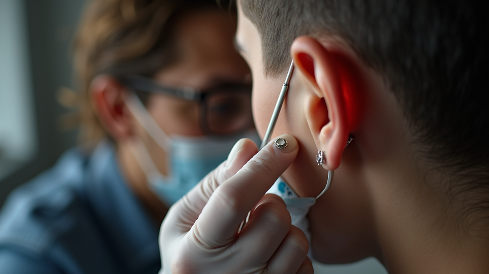 Eye-level view of a professional piercer marking a precise spot on an ear for piercing