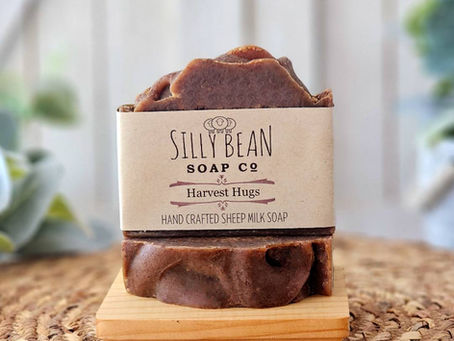 2 bars of soap, one upright on the other one laying down. Silly Bean Soap Co label wrapped around the standing bar.