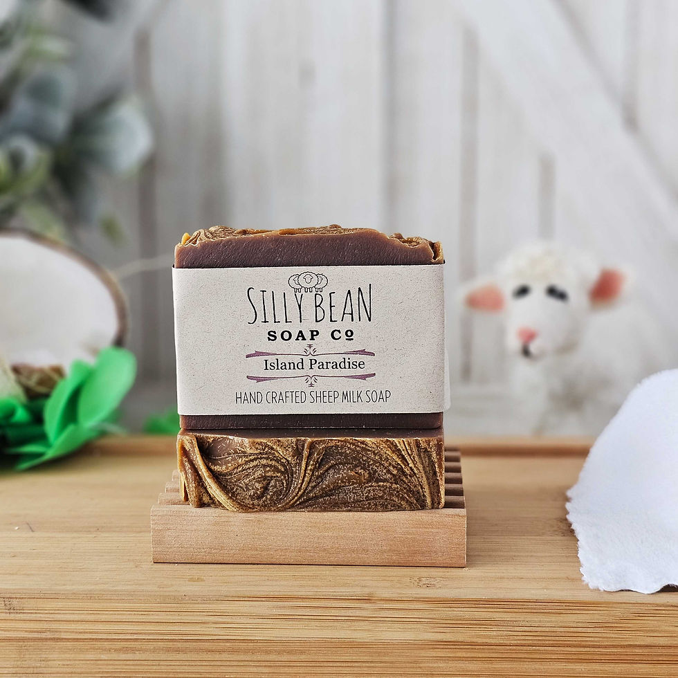 soap bar sitting on top of another bar laying down label Silly Bean Soap Co. Island Paradise