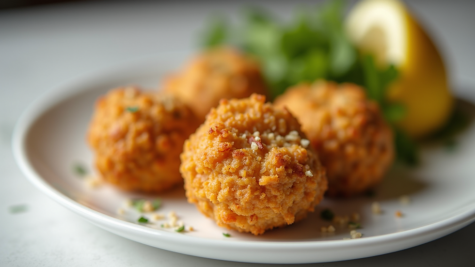 Close-up view of crispy tempeh bites on a white plate