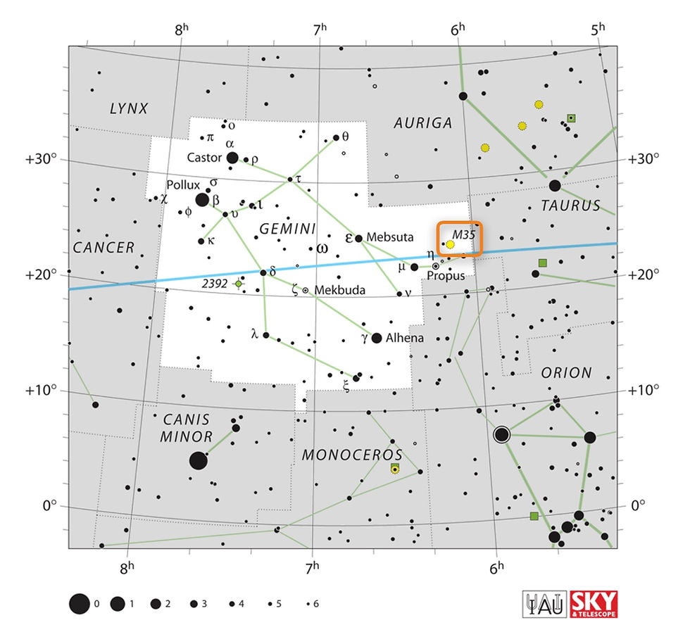 How to find the open star cluster Messier 35 in the night sky, constellation of Gemini