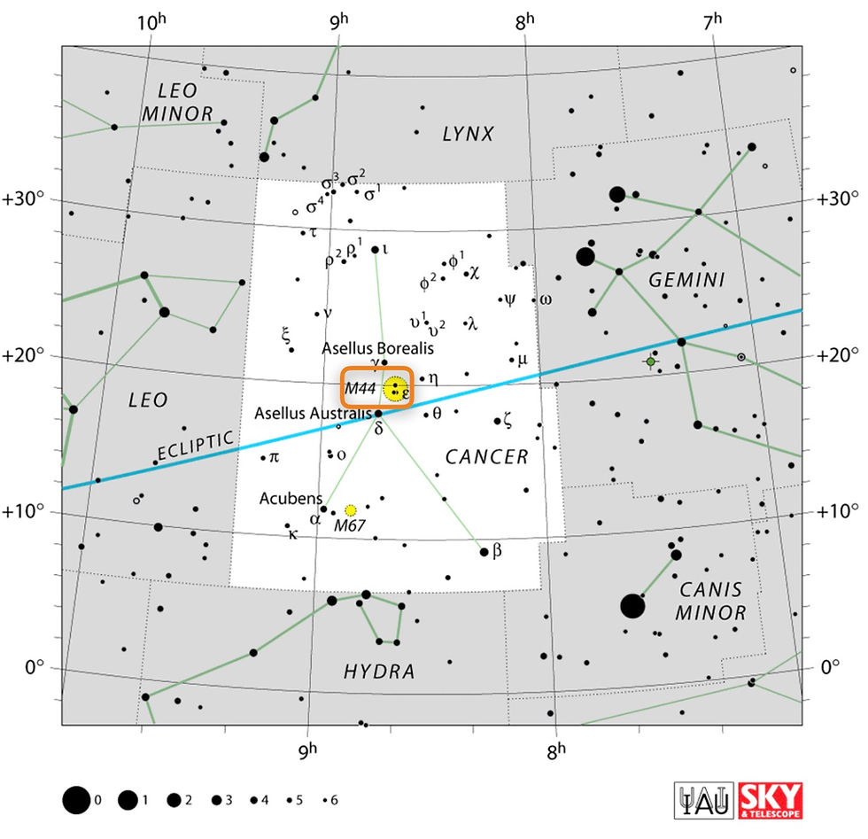 How to find the open star cluster Messier 44 the Beehive Cluster in the night sky, constellation of Cancer