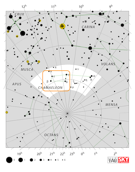 How to find the Chamaeleon Cloud Complex in the night sky, map