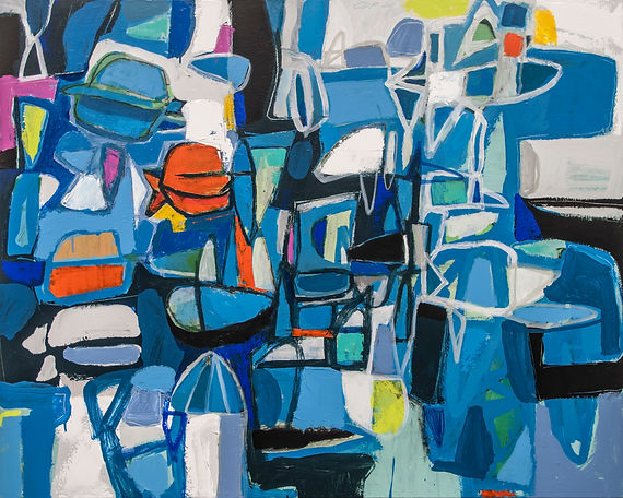 Abstract painting by Carlos Davila Rinaldi, shapes in blue, white, yellow, pink, and orange.