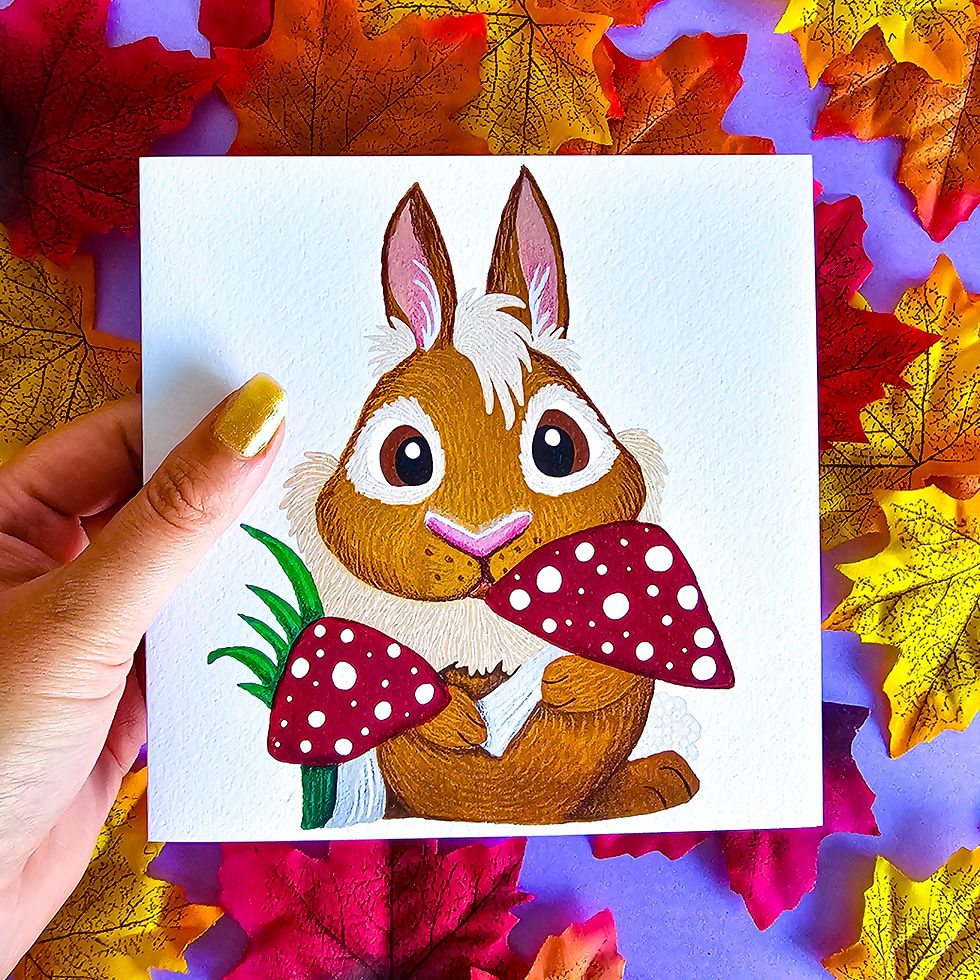 Woodland rabbit card standing next to toadstools and fall leaves