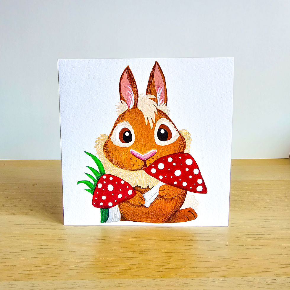 Cute autumn bunny greeting card with forest mushrooms illustration