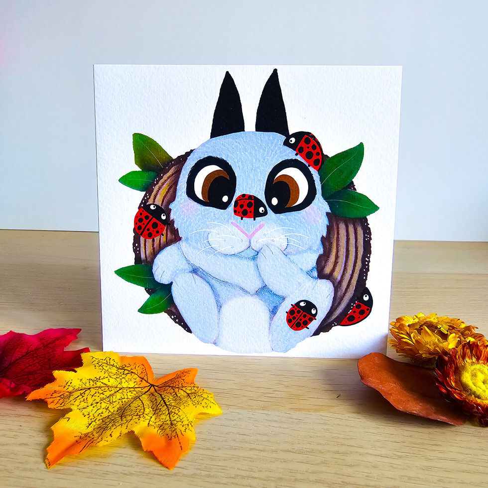 Greeting card featuring bunny and ladybirds, perfect fall stationery
