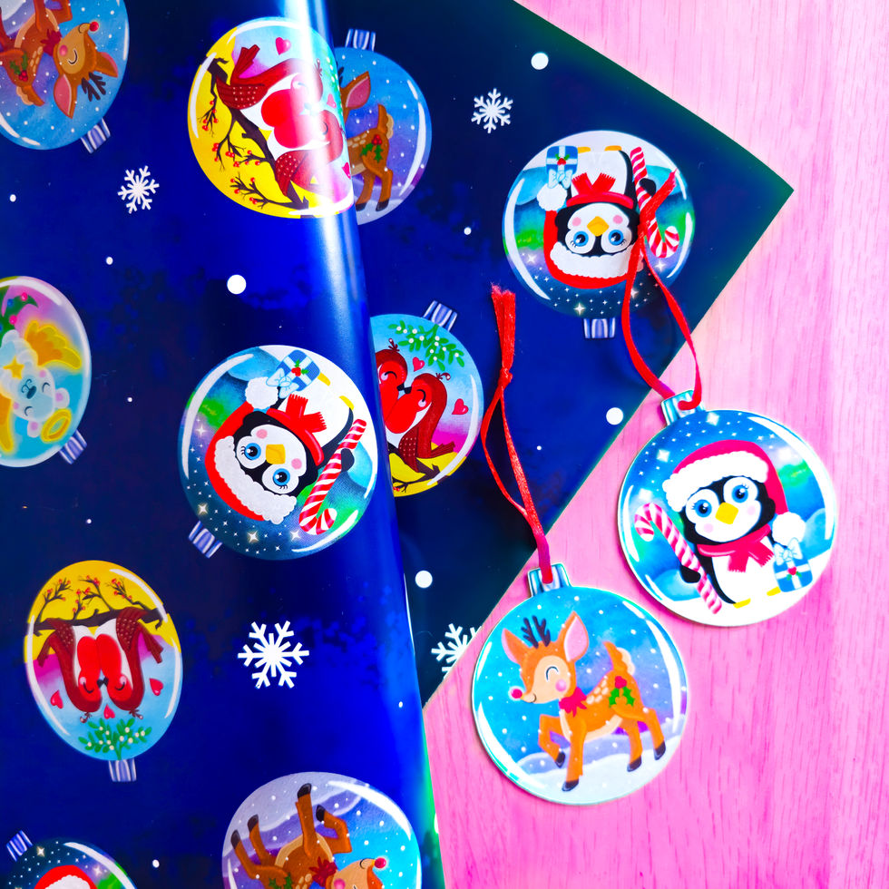 Festive animal bauble wrapping paper with cute Christmas design