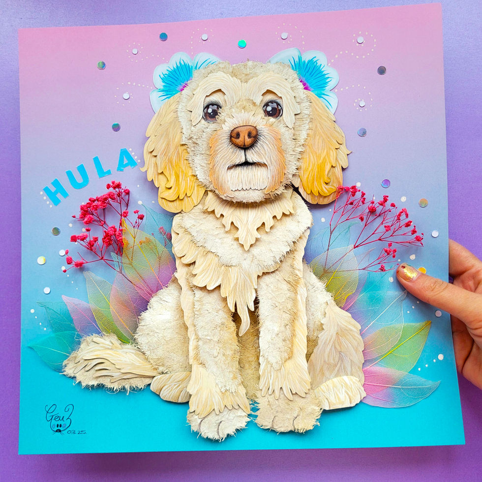 Dried flowers incorporated into a 3D dog pawtrait, adding delicate natural accents