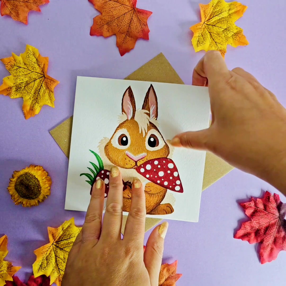 Cute autumn bunny greeting card with forest mushrooms illustration