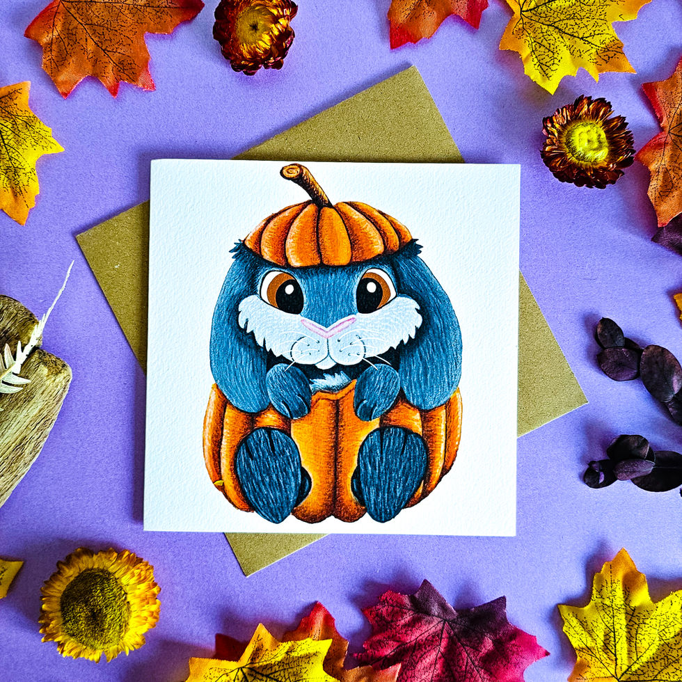 Eco friendly greeting card with pumpkin rabbit illustration