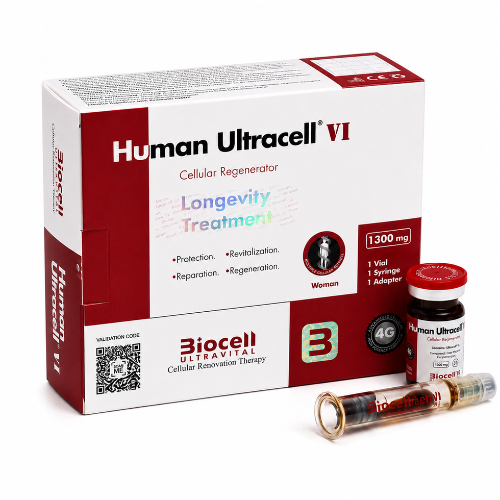Vial de Human Ultracell® VI Mujer Inyectable para terapia de renovación celular y apoyo a la vitalidad femenina.
