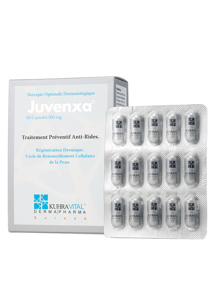 Presentación de Juvenxa® Oral, terapia antiarrugas para apoyar una piel más firme, uniforme, hidratada y saludable.