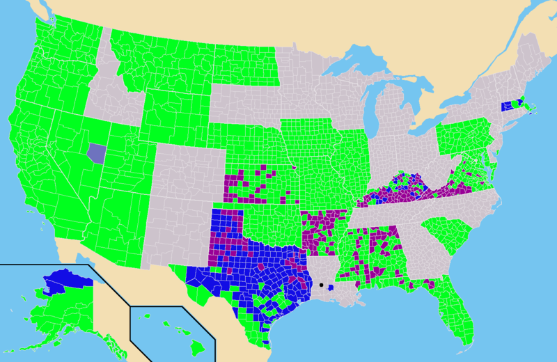 A map of America showing which counties allow alcohol consumption versus not. About half the country has not data, and most of the counties that are dry are in and close to Texas and Alaska