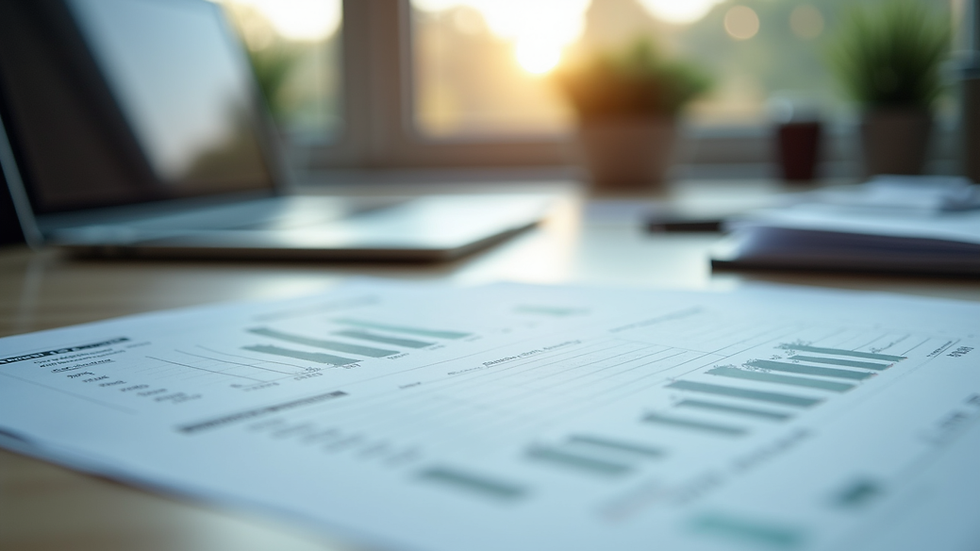 Close-up view of organized financial documents on a desk