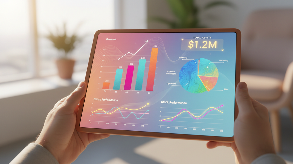 Close-up view of a tablet showing a financial dashboard with graphs