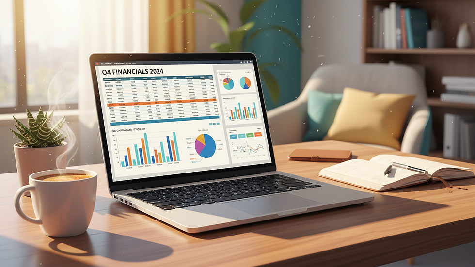 Eye-level view of a laptop displaying financial spreadsheets on a desk