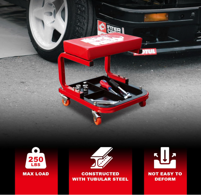 Thumbnail: TR6300 Red Rolling Creeper Garage/Shop Seat: Padded Mechanic Stool with Tool Tra