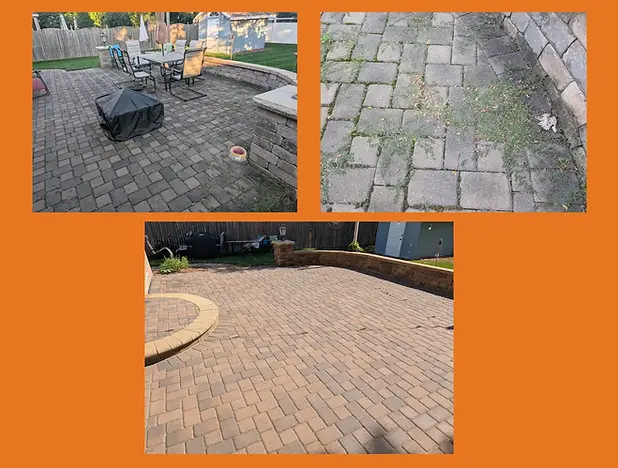 Brick paver patio with extensive weeds and mold that was professionally cleaned and and sealed with a wet-look water based sealant in Woodridge, IL.