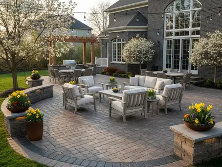 Brick paver patio that was sealed in spring with a wet-look water-based sealant with a semi-gloss finish in Naperville, IL.