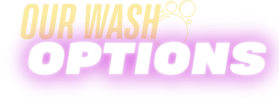 Our Wash Options text on a purple background, neon design.