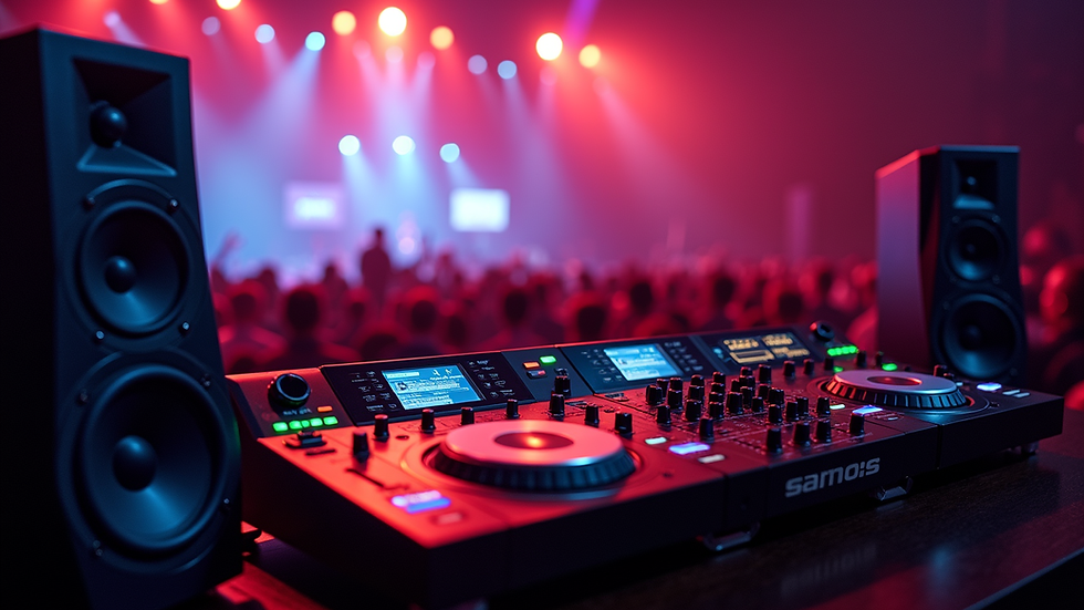 High angle view of a modern sound system setup with speakers and mixers in an event hall