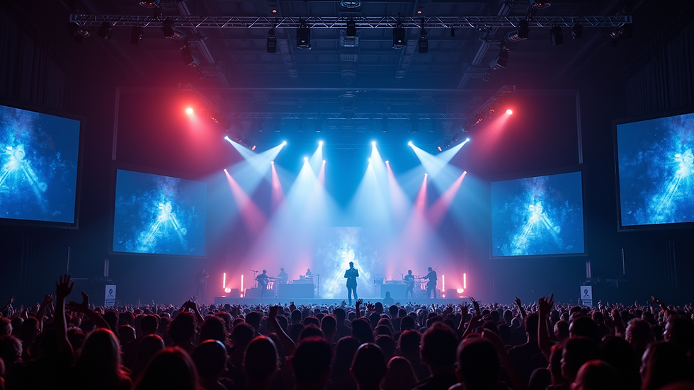 Eye-level view of a stage with dynamic lighting and large LED screens