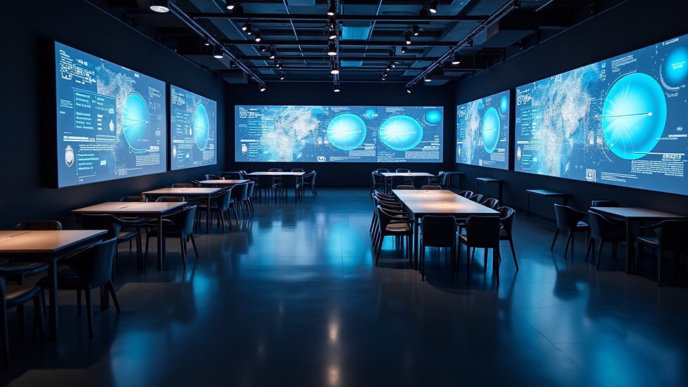 High angle view of a networking lounge with digital screens displaying event information