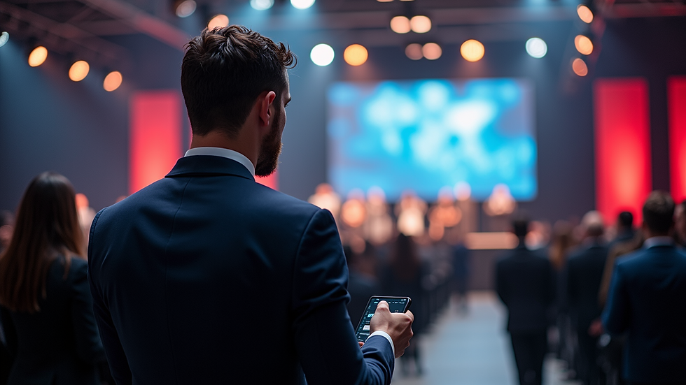 Eye-level view of a professional event coordinator managing a live event