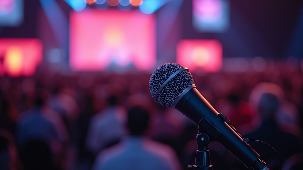 Close-up view of a wireless microphone on a stand at an event in Abu Dhabi