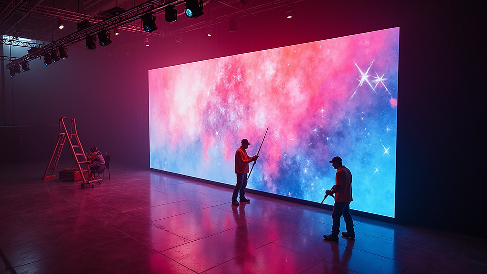 High angle view of technicians setting up a large LED video wall at a Dubai event