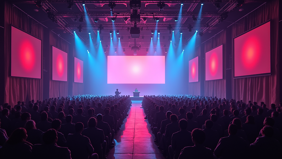 High angle view of a video wall setup in a large indoor event hall in Dubai