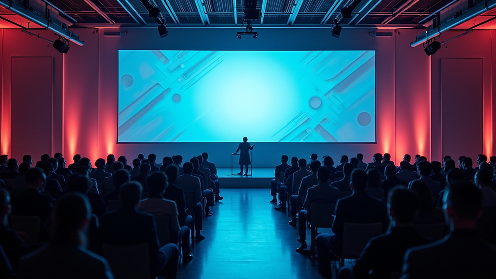 Eye-level view of a large LED video wall setup in a conference hall