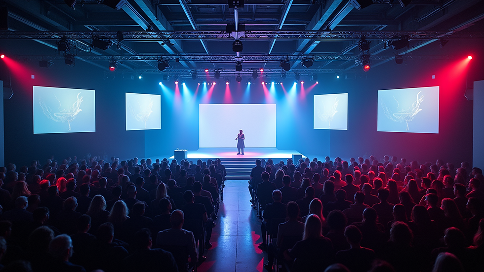 High angle view of a modern event space with multiple screens and interactive displays