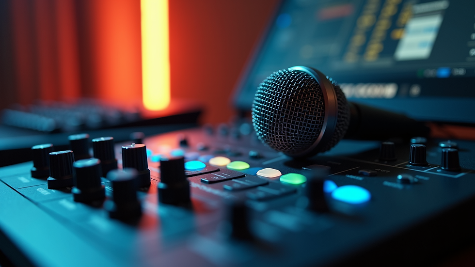 Close-up view of a portable PA system with microphone and mixer