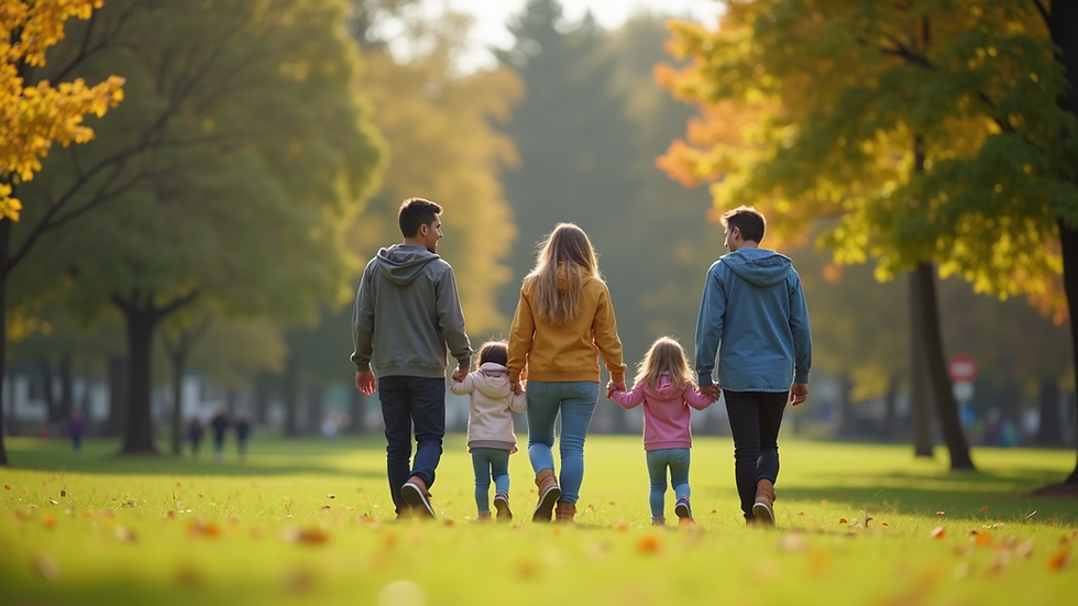 Eye-level view of a community park with families enjoying the outdoors