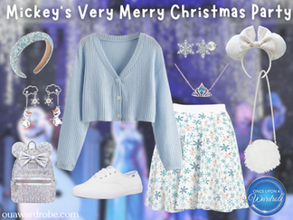A Frozen-themed Disney outfit with a light blue cropped sweater, white sneakers, snowflake skirt, glittery silver mini backpack, sparkly Minnie ears, snowman earrings, snowflake necklace, and headband. Styled as a festive alternative outfit idea for the Disney Destiny cruise.