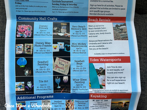 Recreation activities schedule at Disney’s Vero Beach Resort showing daily events, crafts, beach rentals, and family activities
