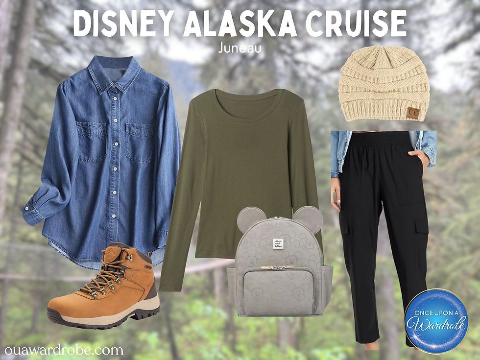 Disney Alaska Cruise outfit idea for Juneau, including hiking boots, knit beanie, cargo pants, and a Mickey Mouse Loungefly backpack.
