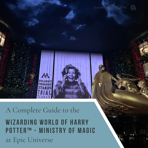 A complete guide to The Wizarding World of Harry Potter – Ministry of Magic at Epic Universe, featuring the Dolores Umbridge trial display, dramatic lighting, and immersive Ministry of Magic theming.