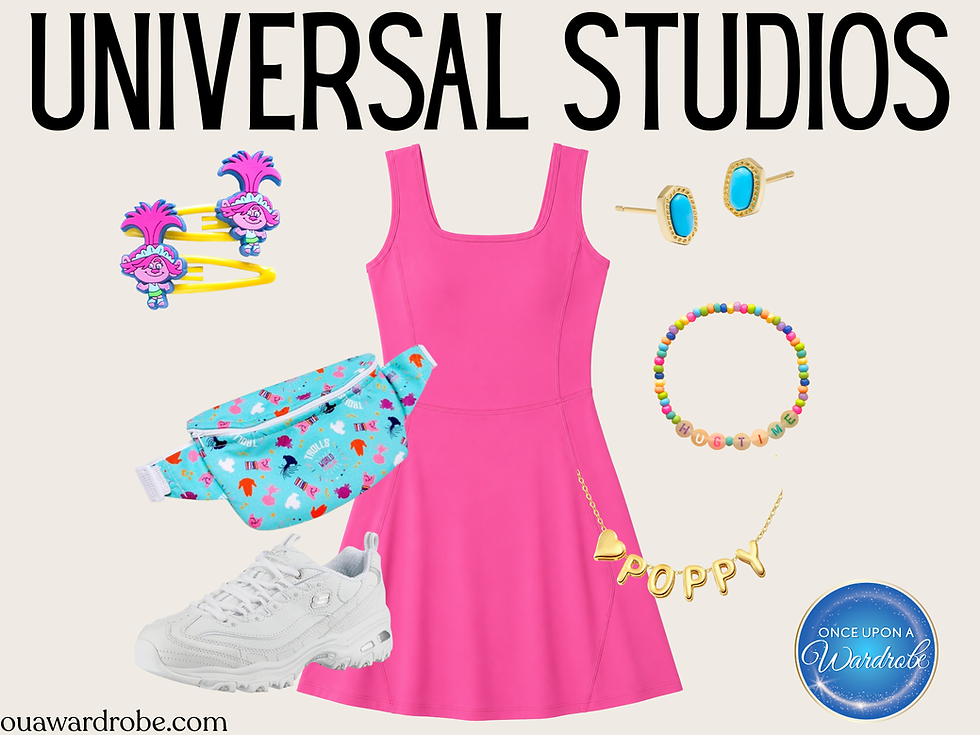 A bright and playful Trolls-inspired outfit flat lay designed for a Universal Studios visit, perfect for DreamWorks Land. The look features a vibrant hot pink puff-sleeve dress that echoes Poppy’s signature color, paired with a whimsical flower headband and a pair of mismatched Poppy and Branch character earrings. A shiny blue heart-shaped crossbody bag adds a pop of contrast, while a pair of white sneakers with pink glitter accents provide comfort for walking the park. Accessories include a "Poppy" name necklace and colorful beaded friendship bracelets that read "Get Back Up Again," referencing the Trolls soundtrack. Styled by Once Upon a Wardrobe, this outfit channels the fun, musical spirit of the Trolls and is ideal for women who want to dress in character while staying theme park chic.