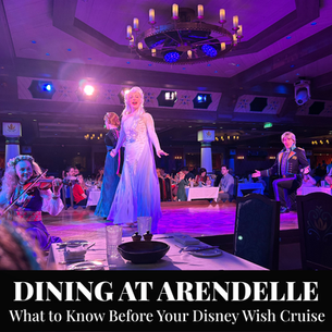 Elsa performing during Arendelle: A Frozen Dining Adventure on the Disney Wish, shown on a blog thumbnail with text reading “Dining at Arendelle: What to Know Before Your Disney Wish Cruise.”