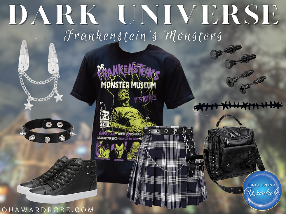 Frankenstein’s Monster Outfit
Flat lay of a Dark Universe Frankenstein’s Monster outfit with a graphic t-shirt, plaid skirt, spiked choker, black studded backpack, chain accessories, bolt-inspired earrings, and black high-top sneakers.