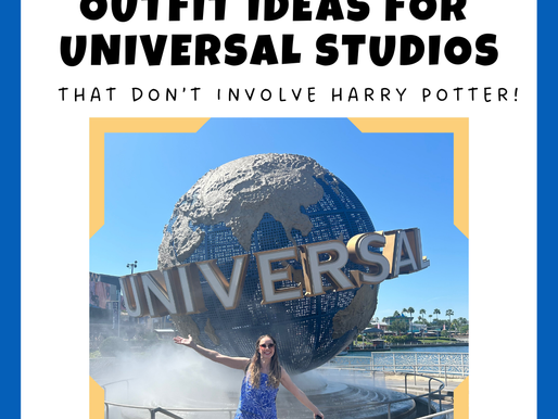 Graphic for a Universal Studios outfits blog featuring the title “Outfit Ideas for Universal Studios That Don’t Involve Harry Potter!” in bold black letters above a photo of a woman in a blue floral romper standing in front of the iconic Universal Studios globe, framed by a blue and yellow border.