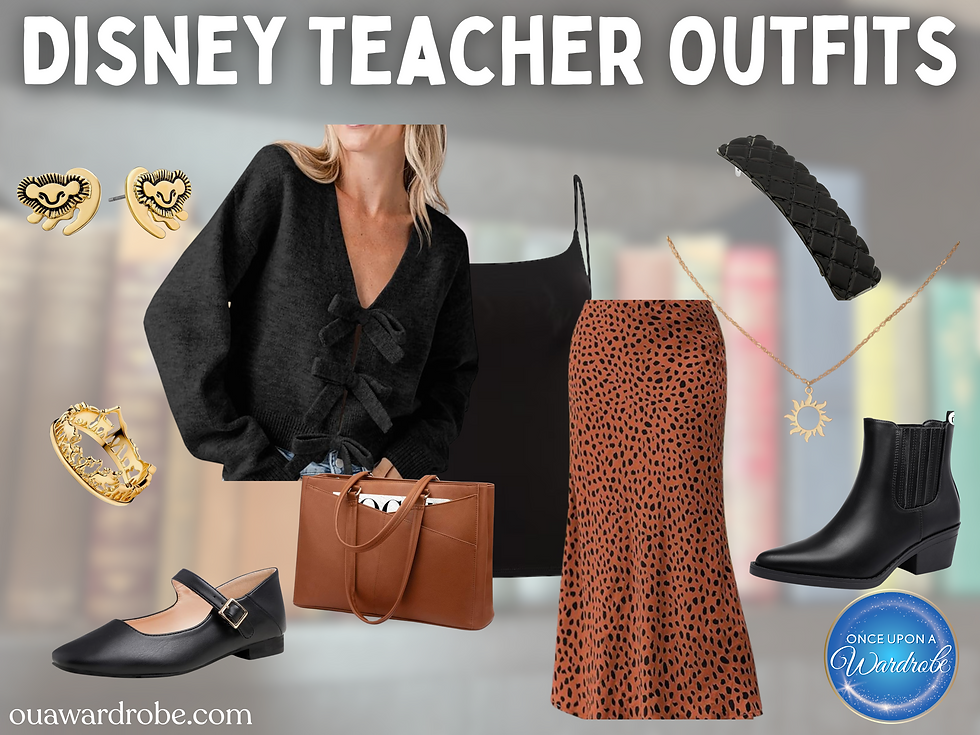 Animal Print Outfit (black sweater + leopard skirt)
Disney teacher outfit idea featuring a black bow-tie cardigan, leopard print skirt, black boots, and Lion King inspired jewelry. A chic fall classroom outfit with subtle Disney touches.