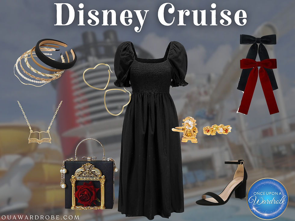 Dressy Disney Cruise outfit idea with a black puff-sleeve midi dress, elegant black heels, gold jewelry, statement Disney handbag, and coordinating accessories, perfect for rotational dining, formal night, or an adult dinner on Disney Cruise Line.