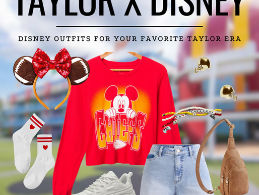 Blog thumbnail featuring a Taylor Swift–inspired Disney outfit with a red Mickey “Chiefs” sweatshirt, denim shorts, football Minnie ears, sneakers, and accessories. Text overlay reads “Taylor x Disney: Disney Outfits for Your Favorite Taylor Era.