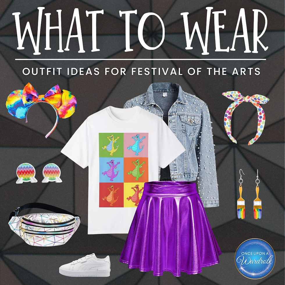 Flat lay of a colorful EPCOT Festival of the Arts outfit featuring a rainbow Figment T-shirt, pearl-studded denim jacket, metallic purple skirt, rainbow tie-dye Minnie ears, polka-dot headband, rainbow paintbrush earrings, holographic belt bag, white sneakers, and Spaceship Earth–inspired earrings, with text reading “What to Wear: Outfit Ideas for Festival of the Arts.