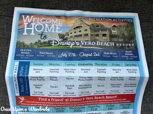 Recreation activities schedule at Disney’s Vero Beach Resort showing daily events, crafts, beach rentals, and family activities